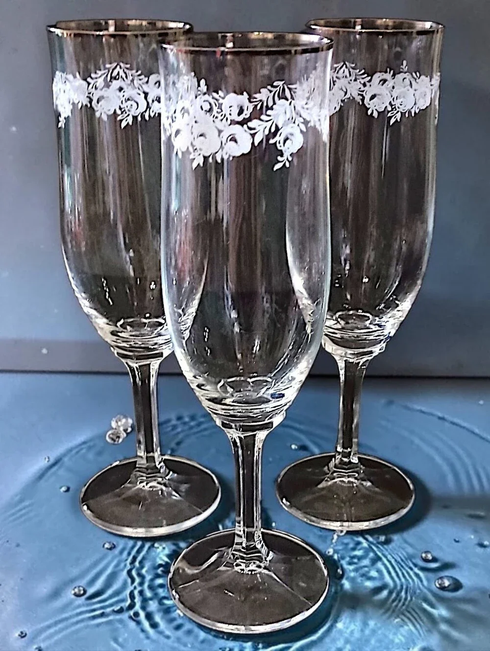 3 Johann Haviland Sweetheart Rose Champagne Flutes Crystal Vtg Floral Stemware